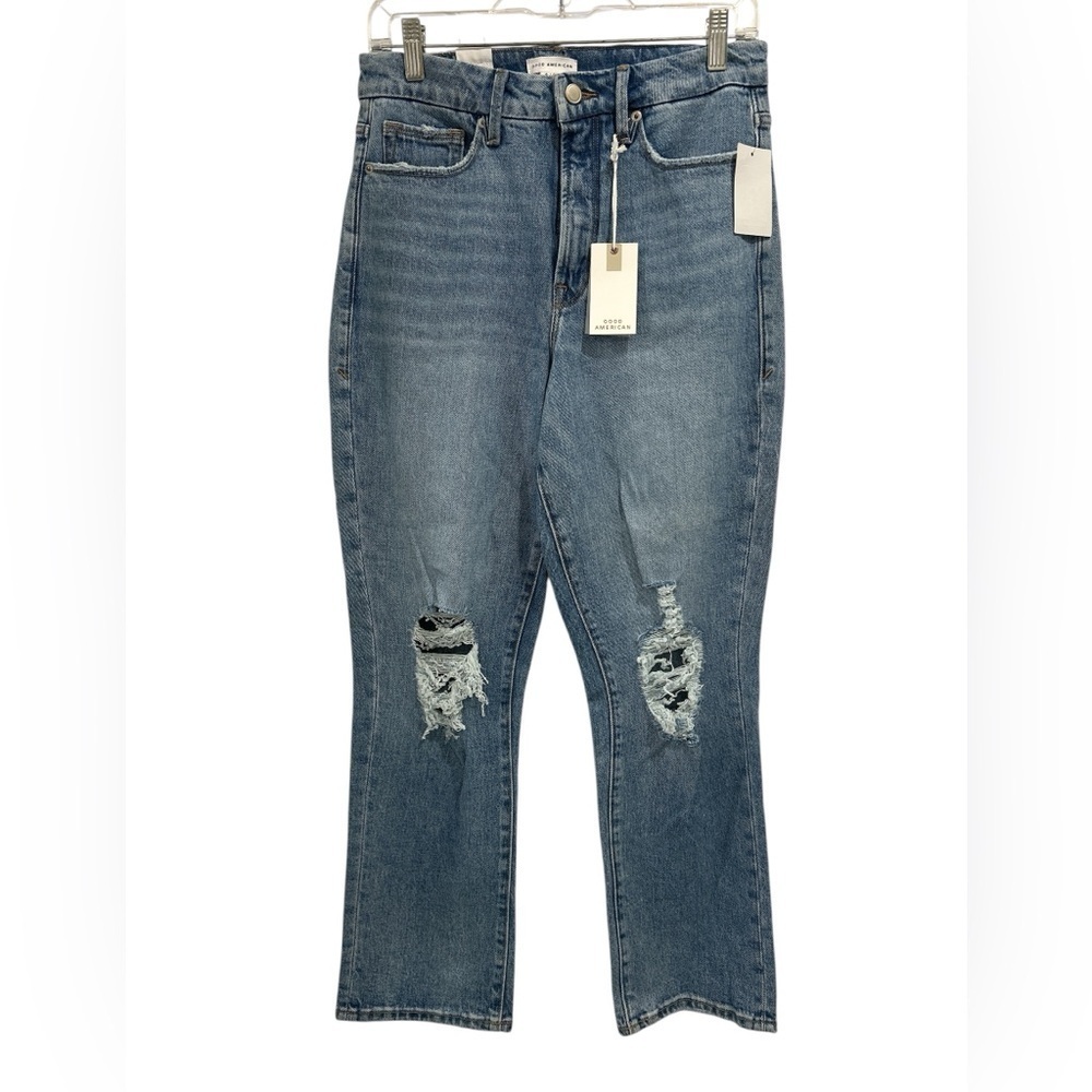 NWT Good American Good Boy High Rise Straight Leg Distressed Jeans - Size 28